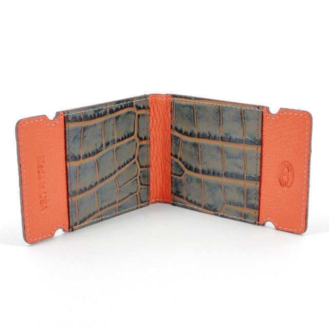 Front Pocket Wallet Cash Cover in Grey/Tan Crocodile Embossed Genuine Calfskin