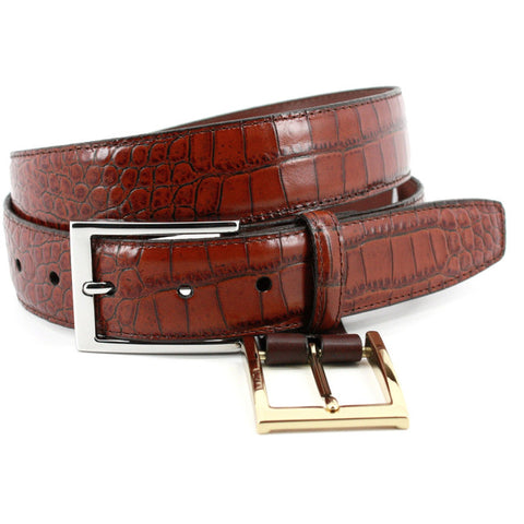 Alligator Grain Embossed Calfskin Belt - Cognac