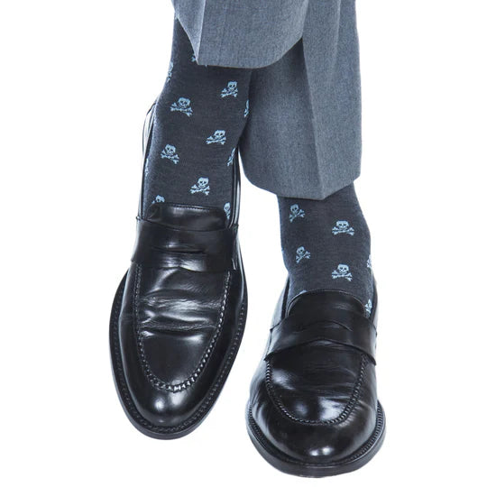 Charcoal w/ Sky Blue Skull Socks - Mid Calf