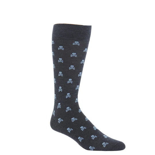 Charcoal w/ Sky Blue Skull Socks - Mid Calf