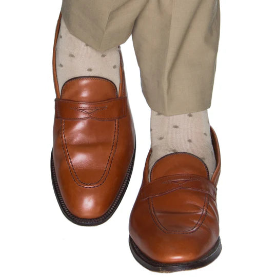 Tan w/ Taupe Dot Socks - Mid Calf