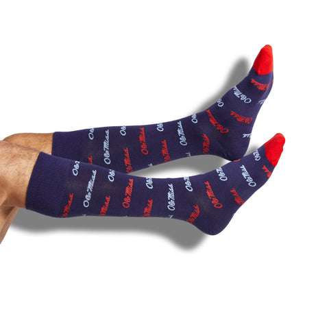 Navy Ole Miss Script Socks