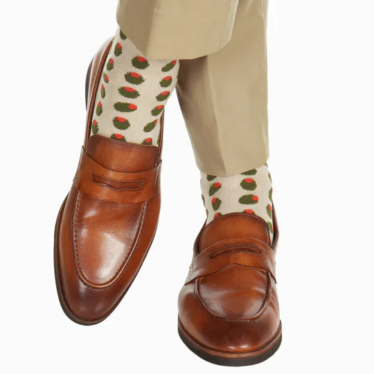 Tan w/ Green/Red Olive Socks - Mid Calf