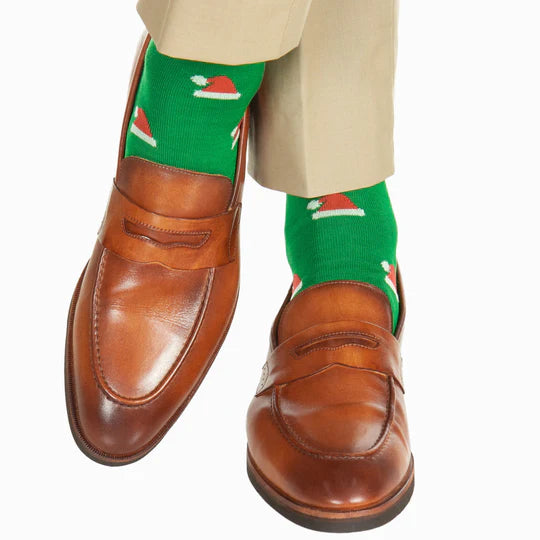 Green w/ Red/White Santa Hat Socks - Mid Calf