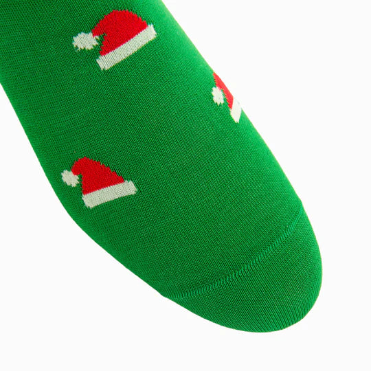 Green w/ Red/White Santa Hat Socks - Mid Calf