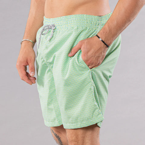 Aqua/Yellow Wave Print Swim Trunks