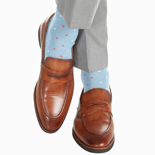 Sky Blue w/ White/Coral Dot Socks - Mid Calf