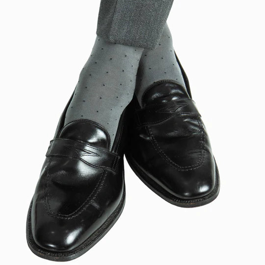 Steel Gray w/ Black Pin Dot Socks - Mid Calf