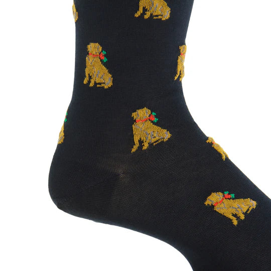 Navy Holiday Dog Ribbed Socks - Mid Calf