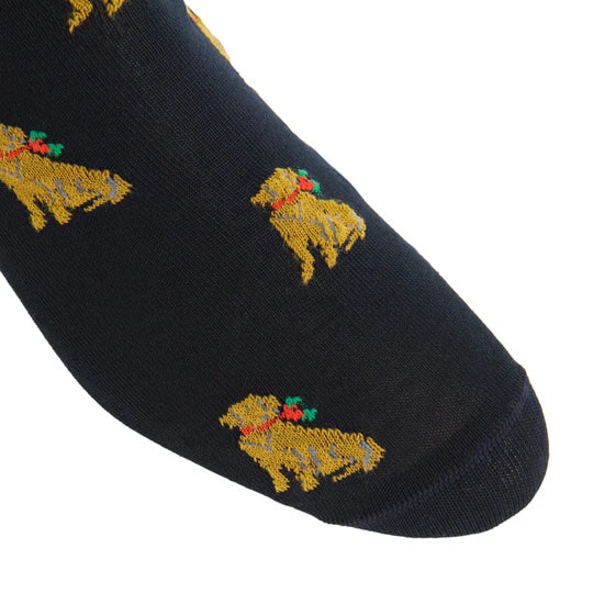 Navy Holiday Dog Ribbed Socks - Mid Calf