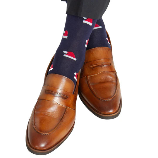 Classic Navy w/ Red/White Santa Hat Socks - Mid Calf