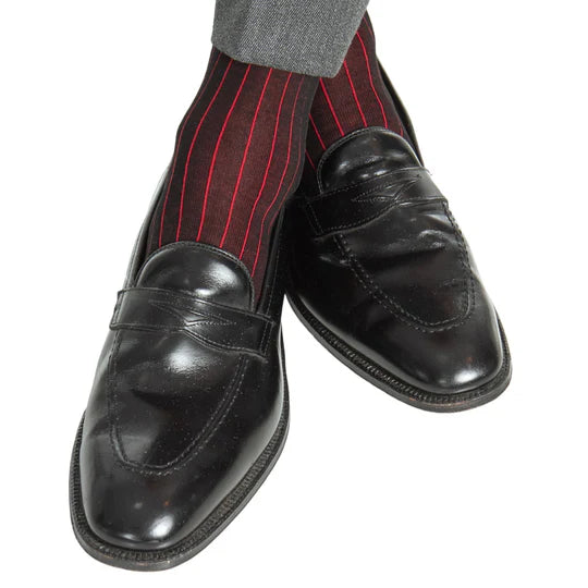 Black w/ Red Vertical Stripe Socks - Mid Calf